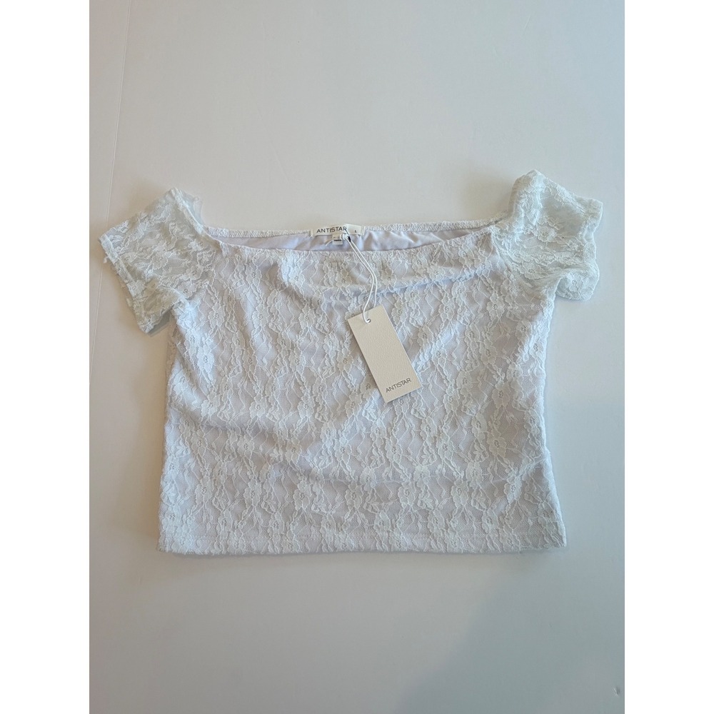 Antistar Womens White Floral Lace Off‎ The Shoulder Crop Top Short Sleeve Large